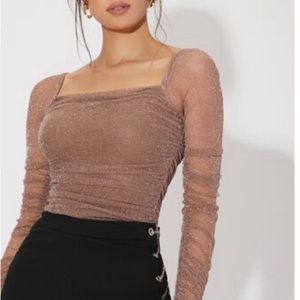 Mesh panel ruched glitter top
